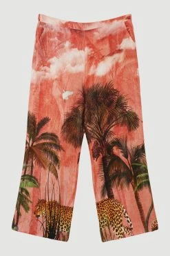 Karen Millen Plus Size Satin Palm Printed Woven Trousers -Karen Millen shop orange plus size satin palm printed woven trousers 4