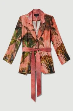 Karen Millen Satin Palm Print Belted Woven Jacket