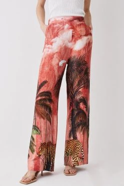 Karen Millen Satin Palm Printed Woven Trousers -Karen Millen shop orange satin palm printed woven trousers 2