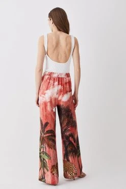 Karen Millen Satin Palm Printed Woven Trousers -Karen Millen shop orange satin palm printed woven trousers 3