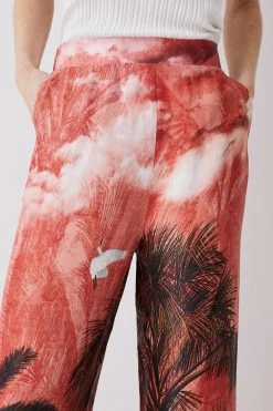 Karen Millen Satin Palm Printed Woven Trousers -Karen Millen shop orange satin palm printed woven trousers 4