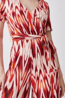 Karen Millen Tall Printed Wide Leg Waist Tie Jersey Jumpsuit -Karen Millen shop orange tall printed wide leg waist tie jersey jumpsuit 2