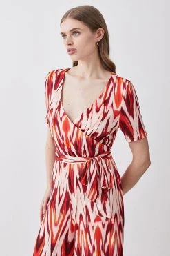 Karen Millen Tall Printed Wide Leg Waist Tie Jersey Jumpsuit -Karen Millen shop orange tall printed wide leg waist tie jersey jumpsuit 5