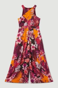 Karen Millen Tropical Floral Premium Linen Viscose Halter Woven Jumpsuit -Karen Millen shop orange tropical floral premium linen viscose halter woven jumpsuit 1