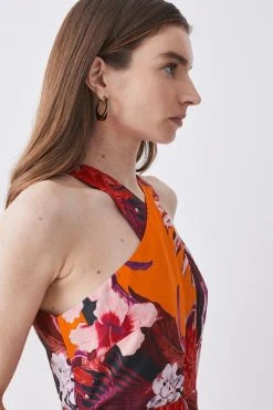 Karen Millen Tropical Floral Premium Linen Viscose Halter Woven Jumpsuit -Karen Millen shop orange tropical floral premium linen viscose halter woven jumpsuit 3