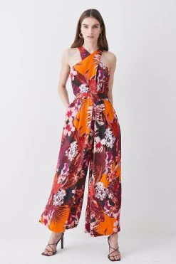 Karen Millen Tropical Floral Premium Linen Viscose Halter Woven Jumpsuit -Karen Millen shop orange tropical floral premium linen viscose halter woven jumpsuit 4