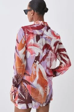 Karen Millen Tropical Ikat Printed Woven Beach Shirt Cover Up -Karen Millen shop orange tropical ikat printed woven beach shirt cover up 2