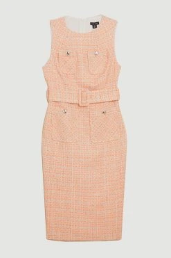 Karen Millen Tweed Belted Pencil Midi Dress -Karen Millen shop orange tweed belted pencil midi dress 3