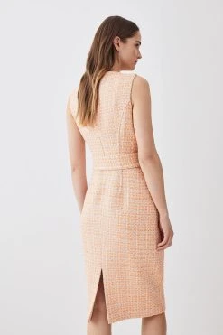 Karen Millen Tweed Belted Pencil Midi Dress -Karen Millen shop orange tweed belted pencil midi dress 4