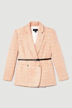 Karen Millen Tweed Oversized Belted Double Breasted Blazer -Karen Millen shop orange tweed oversized belted double breasted blazer 3