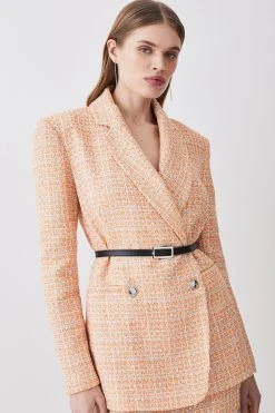 Karen Millen Tweed Oversized Belted Double Breasted Blazer -Karen Millen shop orange tweed oversized belted double breasted blazer 4
