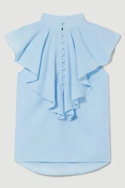 Karen Millen shop -Karen Millen shop pale blue georgette ruffle high neck woven blouse 1