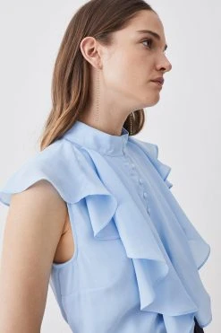 Karen Millen Georgette Ruffle High Neck Woven Blouse -Karen Millen shop pale blue georgette ruffle high neck woven blouse 4
