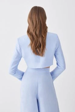 Karen Millen Petite Linen Edge To Edge Cropped Jacket -Karen Millen shop pale blue petite linen edge to edge cropped jacket 1 1
