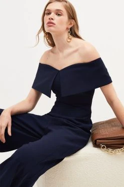 Karen Millen Tailored Bardot Wide Leg Jumpsuit 8 Karen Millen Tailored Bardot Wide Leg Jumpsuit -Karen Millen shop pale blue tailored bardot wide leg jumpsuit 1