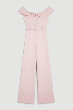 Karen Millen Petite Structured Crepe Bardot Belted Wide Leg Jumpsuit -Karen Millen shop pale pink petite structured crepe bardot belted wide leg jumpsuit 1