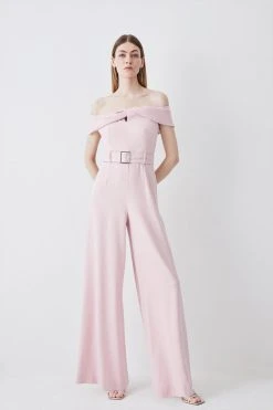Karen Millen Petite Structured Crepe Bardot Belted Wide Leg Jumpsuit -Karen Millen shop pale pink petite structured crepe bardot belted wide leg jumpsuit 2
