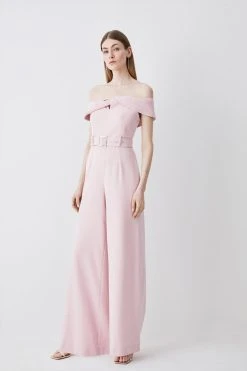 Karen Millen Petite Structured Crepe Bardot Belted Wide Leg Jumpsuit -Karen Millen shop pale pink petite structured crepe bardot belted wide leg jumpsuit 3