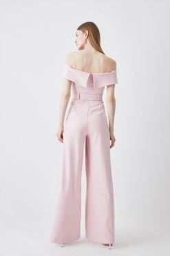 Karen Millen Petite Structured Crepe Bardot Belted Wide Leg Jumpsuit -Karen Millen shop pale pink petite structured crepe bardot belted wide leg jumpsuit 4