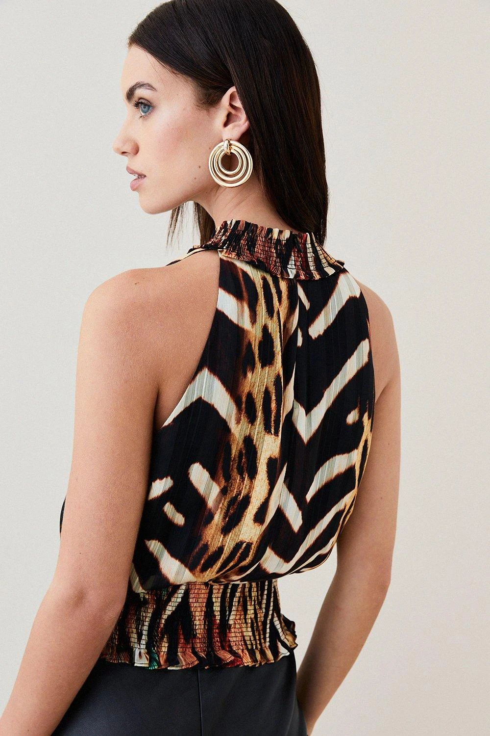 Karen Millen Petite Animal Shirred Halter Woven Blouse 4 Karen Millen Petite Animal Shirred Halter Woven Blouse - Image 2