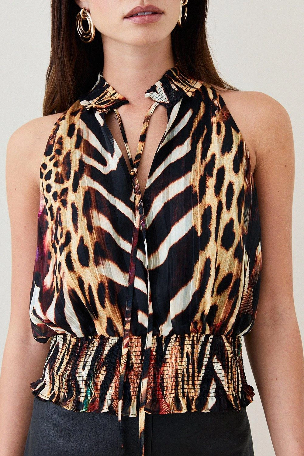 Karen Millen Petite Animal Shirred Halter Woven Blouse 6 Karen Millen Petite Animal Shirred Halter Woven Blouse - Image 4
