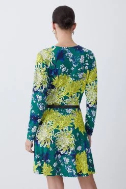 Karen Millen Petite Floral Belted Viscose Blend Jersey Skater Dress