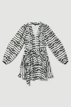 Karen Millen Petite Geo Print Satin Piped Tiered Belted Mini Dress -Karen Millen shop petite geo print satin piped tiered belted mini dress 1