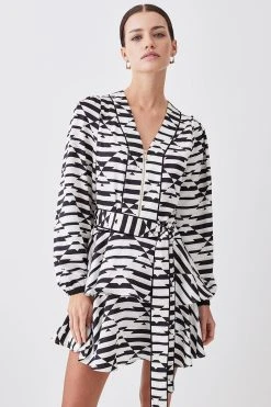 Karen Millen Petite Geo Print Satin Piped Tiered Belted Mini Dress -Karen Millen shop petite geo print satin piped tiered belted mini dress 2