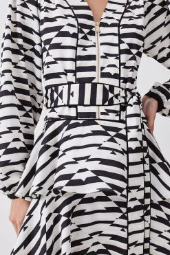 Karen Millen Petite Geo Print Satin Piped Tiered Belted Mini Dress -Karen Millen shop petite geo print satin piped tiered belted mini dress 3