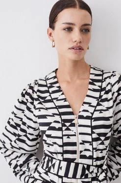 Karen Millen Petite Geo Print Satin Piped Tiered Belted Mini Dress -Karen Millen shop petite geo print satin piped tiered belted mini dress 4