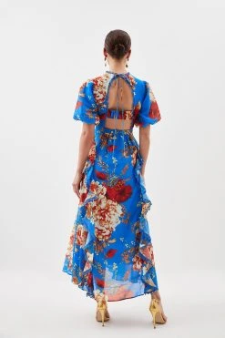 Karen Millen Petite Graphic Lace Trim Floral Woven Plunge Maxi Dress -Karen Millen shop petite graphic lace trim floral woven plunge maxi dress 3