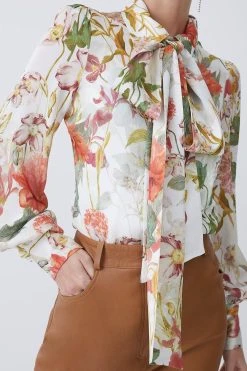 Karen Millen Petite Lydia Millen Crinkle Chiffon Floral Placement Top