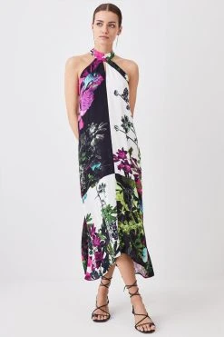 Karen Millen Petite Mono Colourblock Floral Halter Neck Woven Midi Dress -Karen Millen shop petite mono colourblock floral halter neck woven midi dress 3