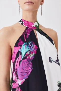 Karen Millen Petite Mono Colourblock Floral Halter Neck Woven Midi Dress -Karen Millen shop petite mono colourblock floral halter neck woven midi dress 4