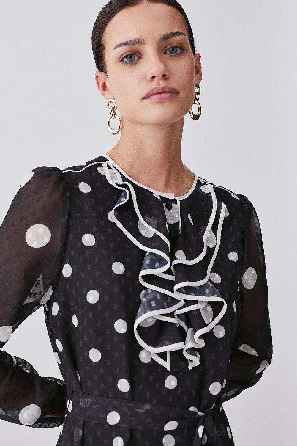 Karen Millen Petite Mono Mixed Dot Piped Ruffle Belted Mini Dress 5 Karen Millen Petite Mono Mixed Dot Piped Ruffle Belted Mini Dress - Image 3
