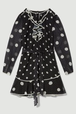 Karen Millen Petite Mono Mixed Dot Piped Ruffle Belted Mini Dress