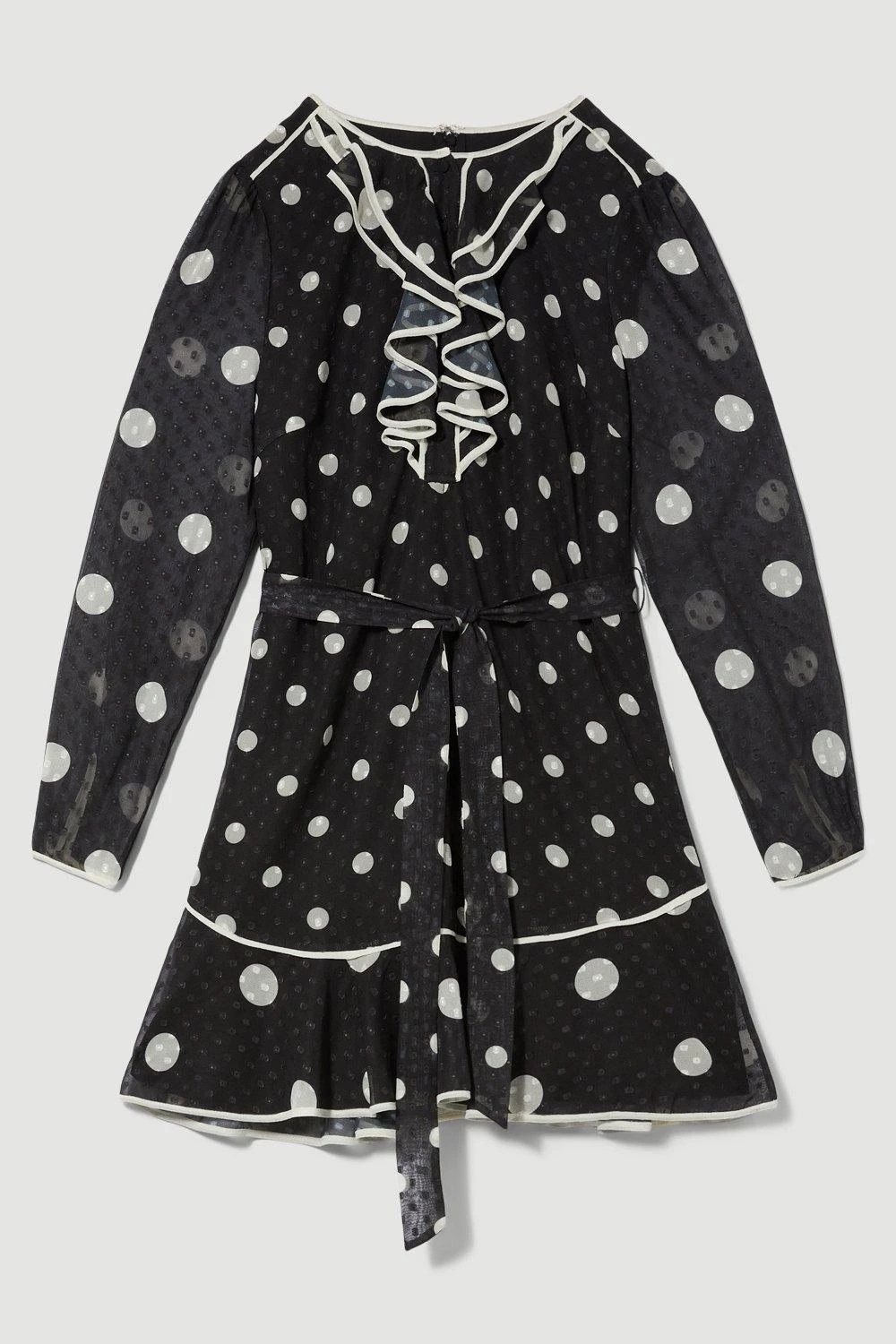 Karen Millen Petite Mono Mixed Dot Piped Ruffle Belted Mini Dress 3 Karen Millen Petite Mono Mixed Dot Piped Ruffle Belted Mini Dress