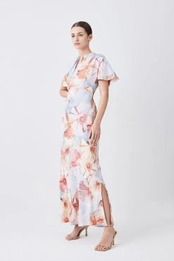 Karen Millen Petite Satin Crepe Etched Floral Maxi Dress