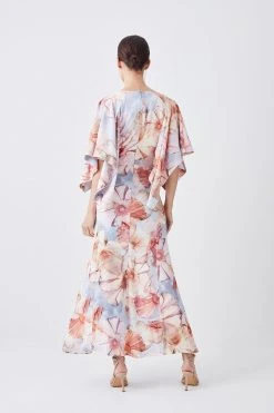 Karen Millen Petite Satin Crepe Tie Neck Etched Floral Maxi Dress -Karen Millen shop petite satin crepe tie neck etched floral maxi dress 2