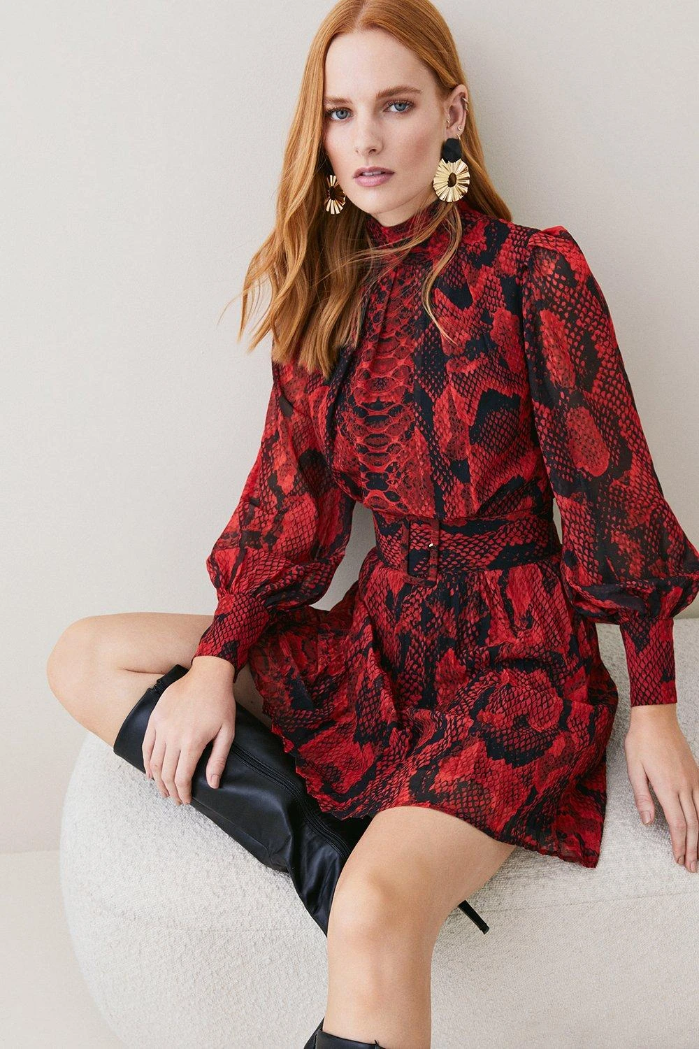 Karen Millen Petite Snake Print Georgette Pleated Woven Mini Dress 8 Karen Millen Petite Snake Print Georgette Pleated Woven Mini Dress - Image 6