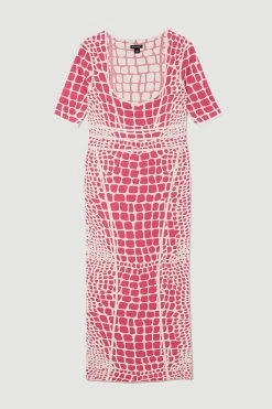 Karen Millen Abstract Jacquard Half Sleeve Knitted Midi Dress -Karen Millen shop pink abstract jacquard half sleeve knitted midi dress 4