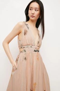 Karen Millen Blush Botanical Border Print Silk Cotton Maxi Dress -Karen Millen shop pink blush botanical border print silk cotton maxi dress 2
