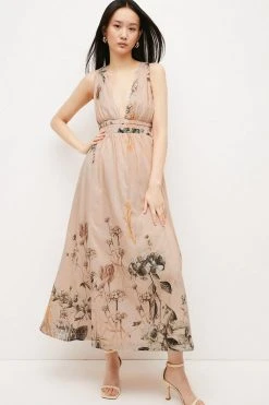 Karen Millen Blush Botanical Border Print Silk Cotton Maxi Dress