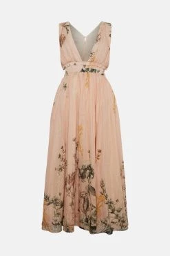 Karen Millen Blush Botanical Border Print Silk Cotton Maxi Dress -Karen Millen shop pink blush botanical border print silk cotton maxi dress 4