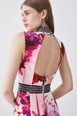 Karen Millen Diamante Trim Floral Woven Maxi Dress -Karen Millen shop pink diamante trim floral woven maxi dress 2