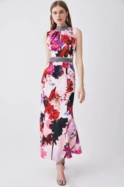 Karen Millen Diamante Trim Floral Woven Maxi Dress