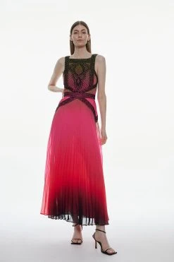 Karen Millen Embellished Ombre Print Pleated Midi Dress