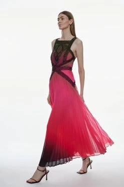 Karen Millen Embellished Ombre Print Pleated Midi Dress -Karen Millen shop pink embellished ombre print pleated midi dress 3