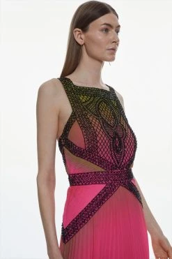 Karen Millen Embellished Ombre Print Pleated Midi Dress -Karen Millen shop pink embellished ombre print pleated midi dress 4