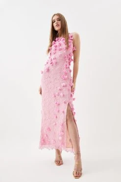 Karen Millen Floral Applique On Lace Woven Midi Dress -Karen Millen shop pink floral applique on lace woven midi dress 1